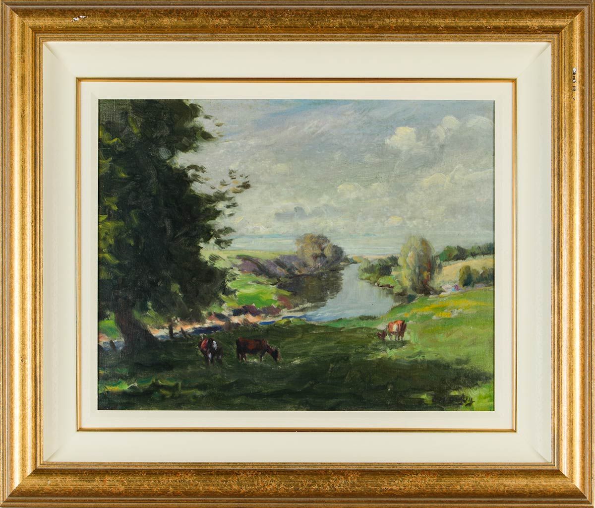 CATTLE GRAZING BY THE RIVER DAL by Charles McAuley at Ross's Online Art Auctions