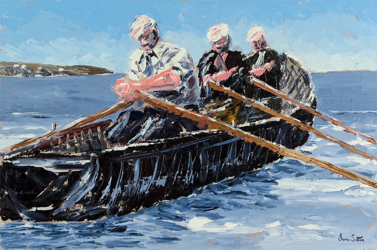 CURRACH MEN, ARAN ISLANDS by Ivan Sutton at Ross's Online Art Auctions