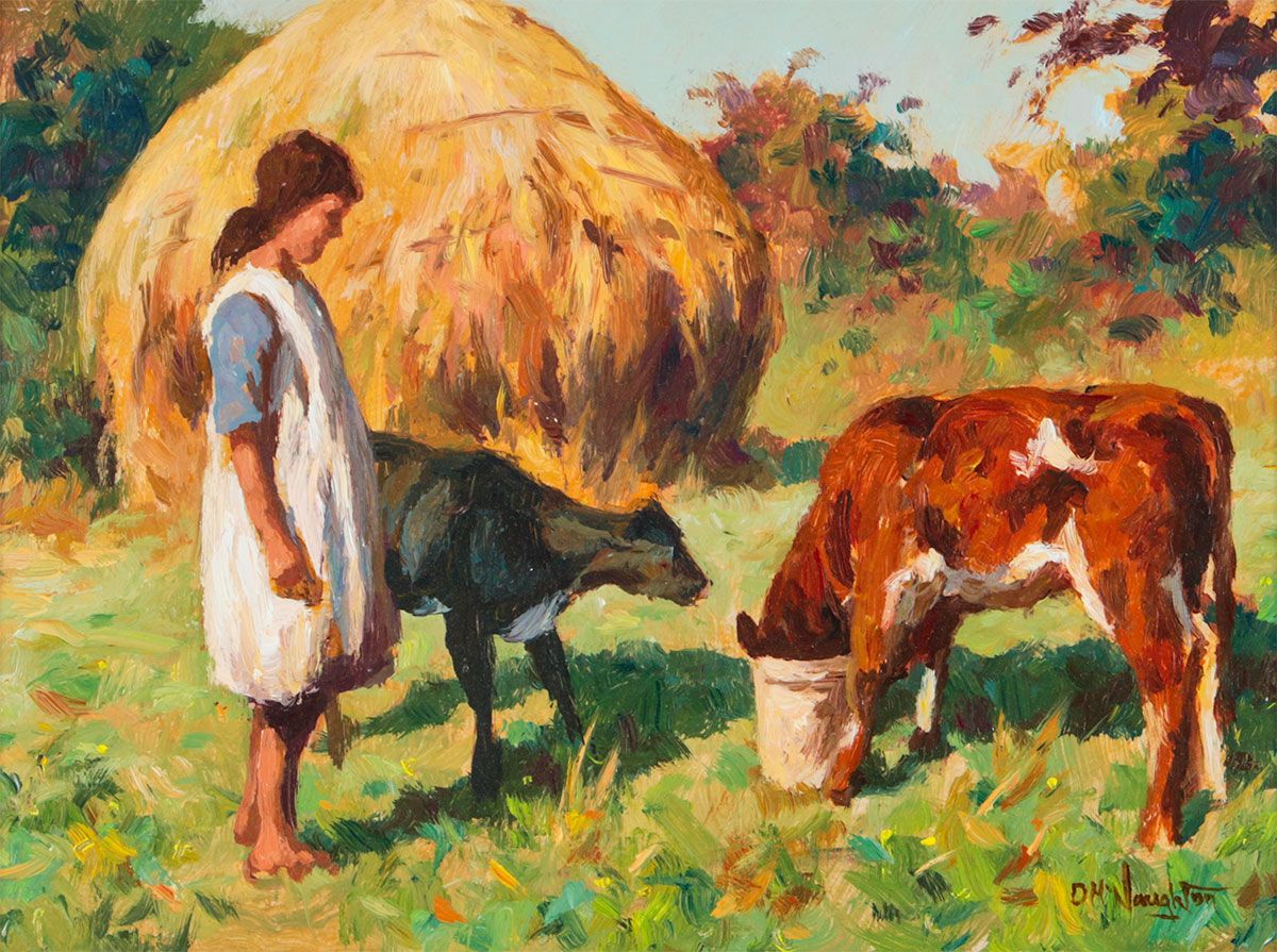 GIRL & TWO CALVES by Donal McNaughton at Ross's Online Art Auctions