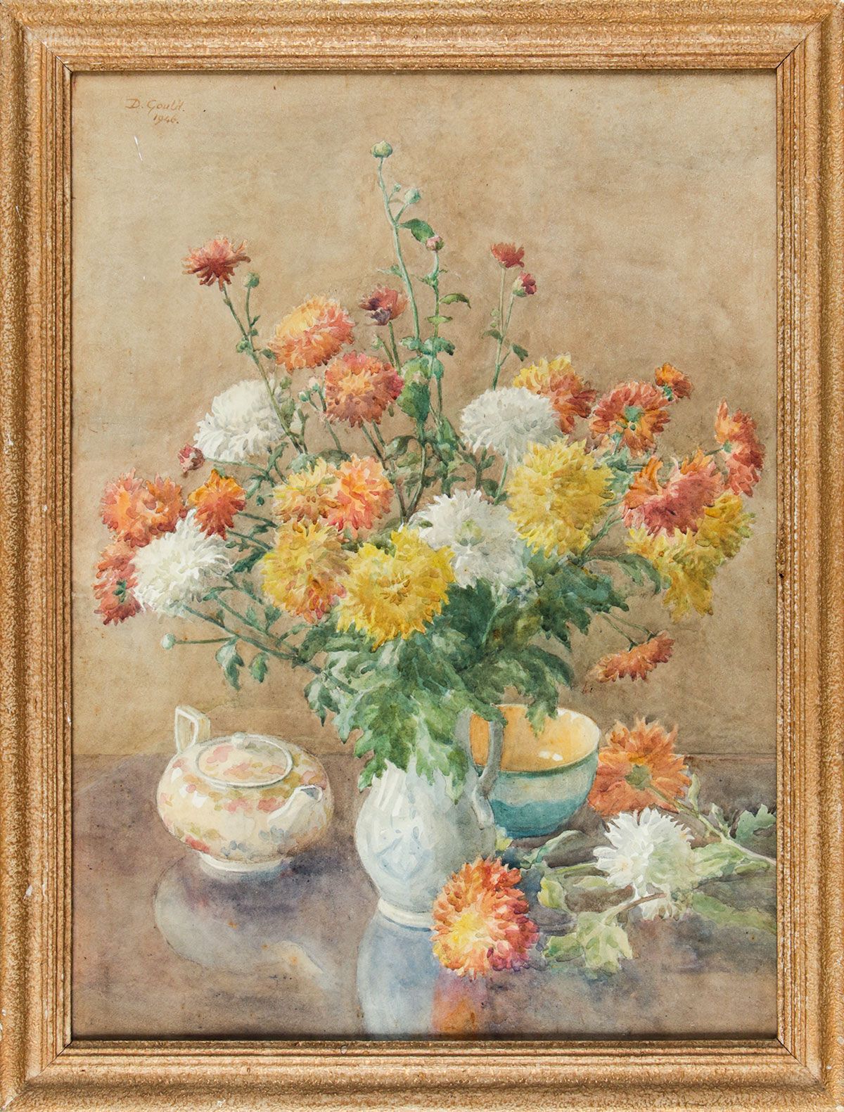 STILL LIFE , TEAPOT & FLOWERS by David Gould at Ross's Online Art Auctions