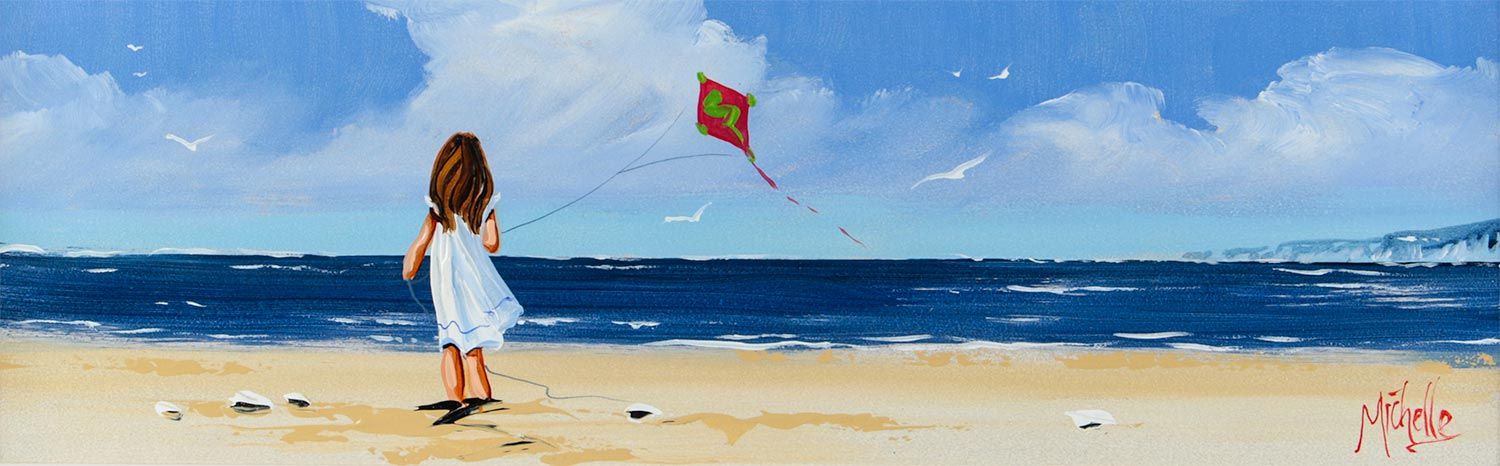 GIRL FLYING A KITE ON THE BEACH by Michelle Carlin at Ross's Online Art Auctions
