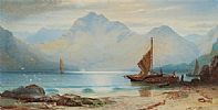LAKE AND MOUNTAINS WITH FISHERMEN AND BOATS IN THE FOREGROUND by Anthony Carey Stannus at Ross's Online Art Auctions