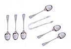 SET OF SIX BRIGHT CUT SILVER TEASPOONS & TONGS at Ross's Online Art Auctions