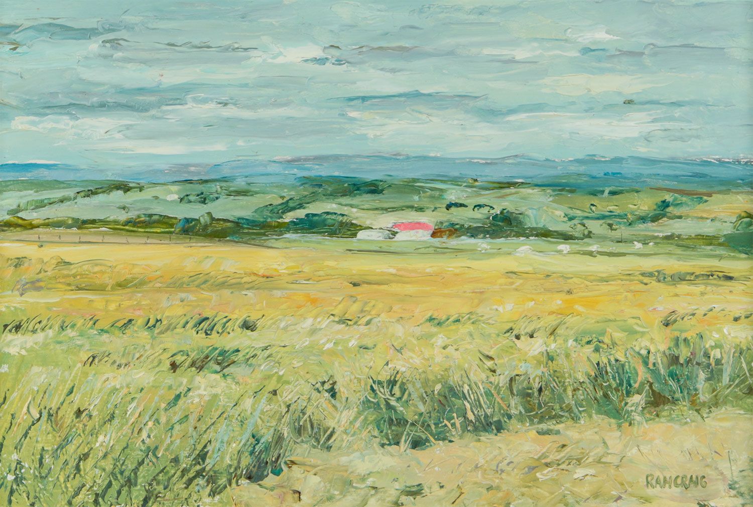 CORN FIELDS NEAR FOWLIS WESTER, PERTHSHIRE by Ronald Craig at Ross's Online Art Auctions