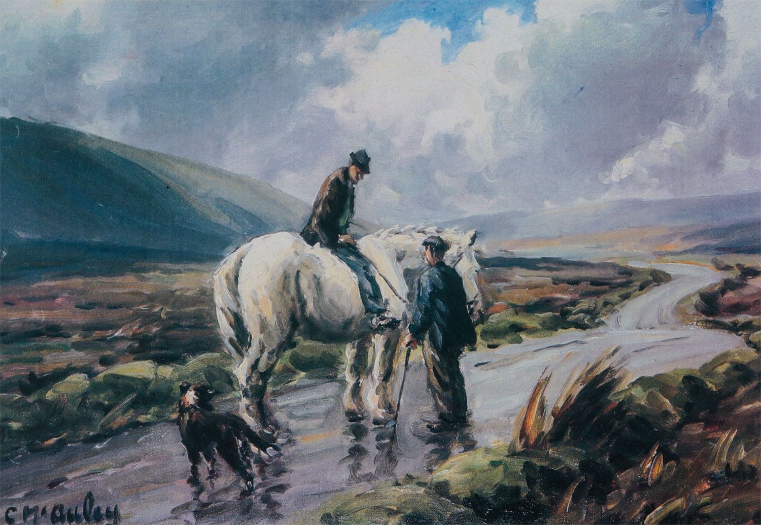 A CHAT BY THE ROADSIDE IN THE GLENS by Charles McAuley at Ross's Online Art Auctions
