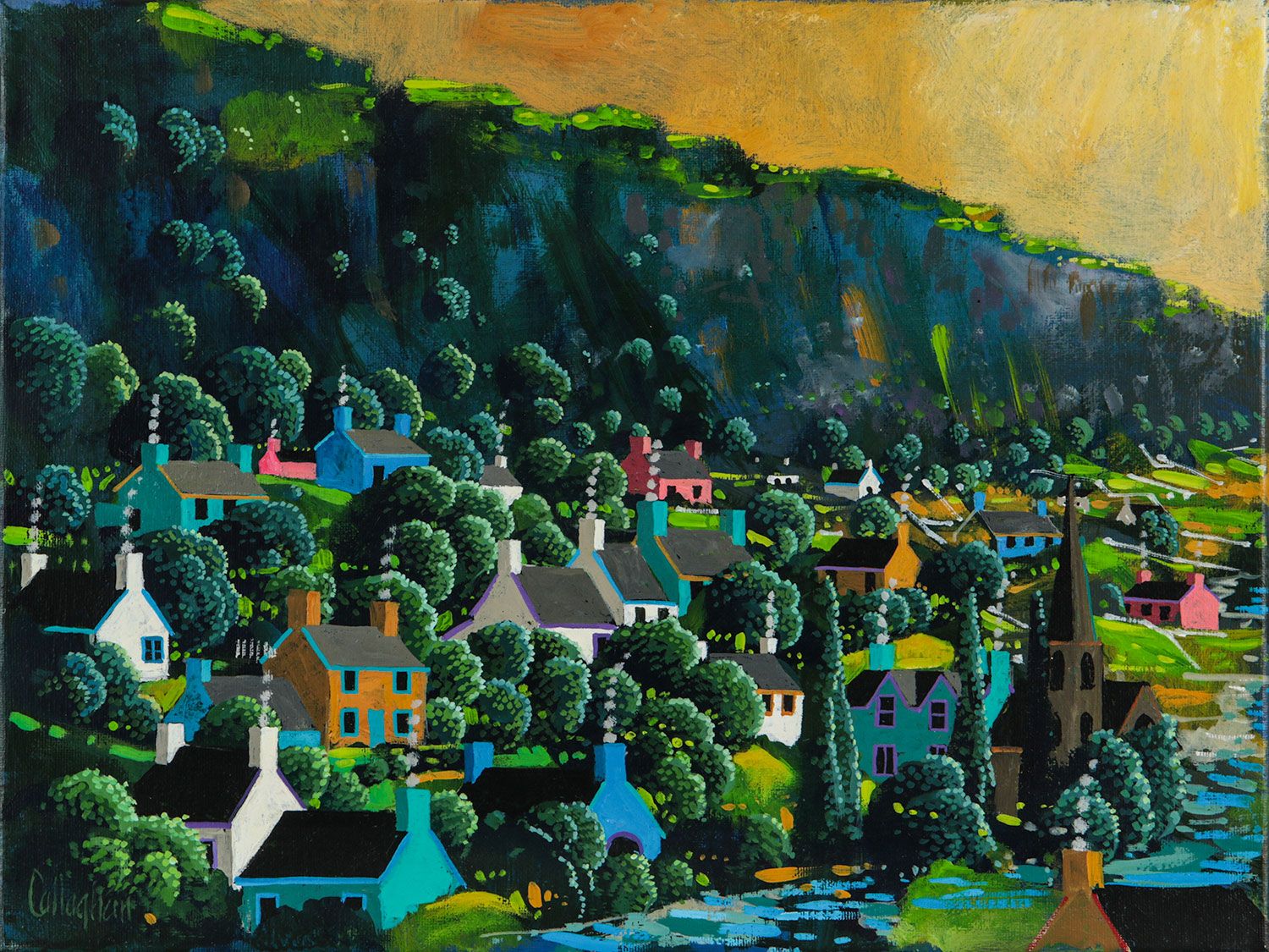 VILLAGE BY THE MOUNTAIN by George Callaghan at Ross's Online Art Auctions