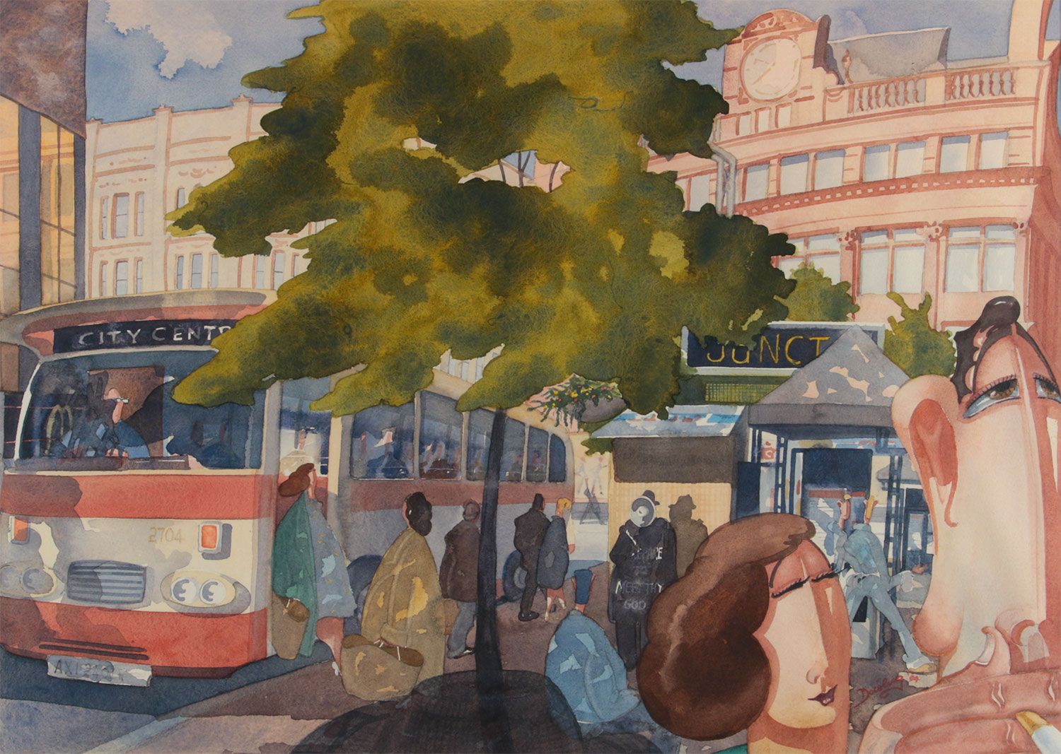 AT THE BUS STOP, CASTLE PLACE , BELAFAST by Dan Dowling at Ross's Online Art Auctions