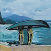 THE FANAD CURRACH MEN NEAR THE ROCKS ON DOWNINGS BEACH by Sean Lorinyenko at Ross's Online Art Auctions