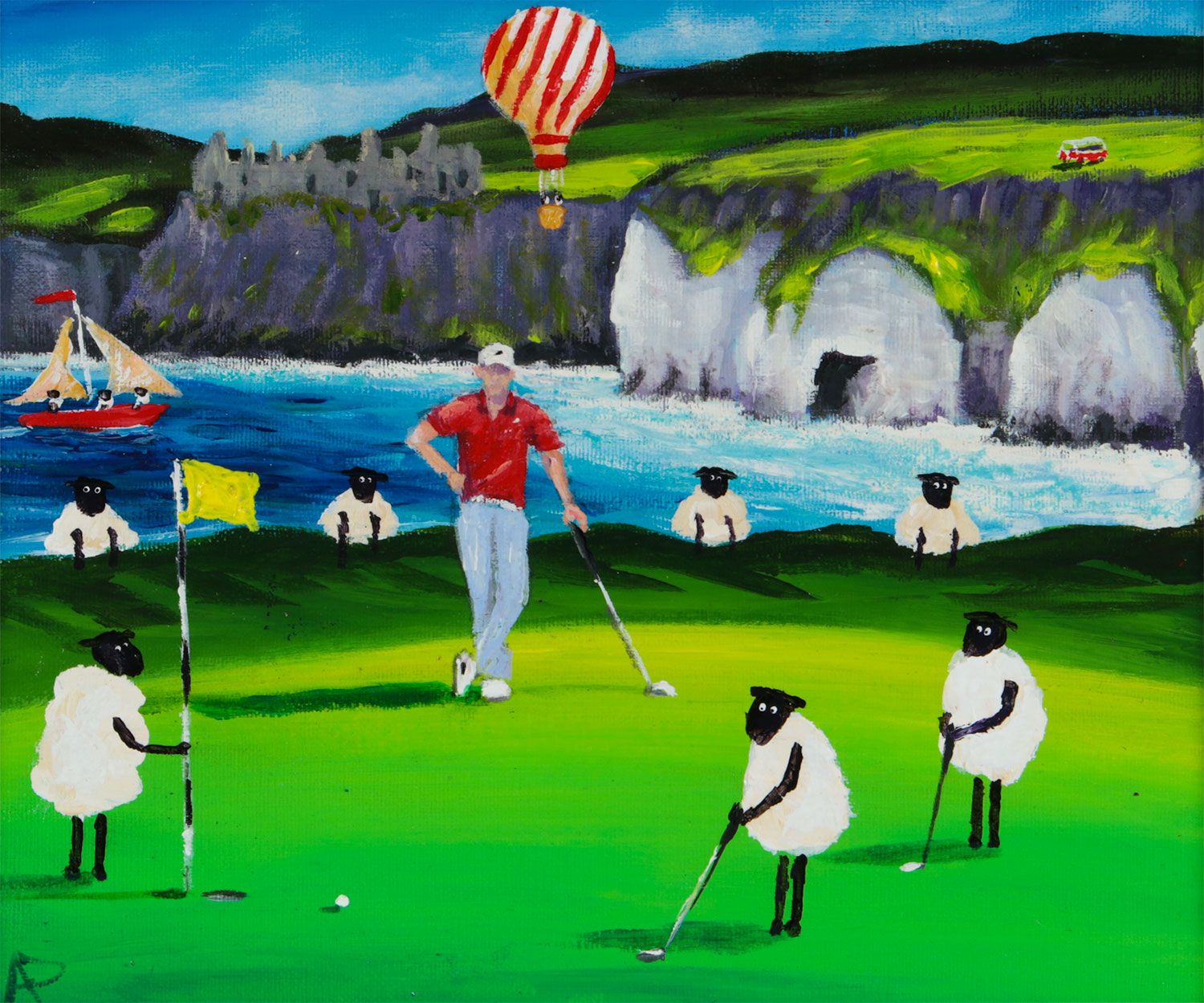 ANDY PATS WANDERING SHEEP SHOWING RORY MC ILROY SOME PUTTING SKILLS by Andy Pat at Ross's Online Art Auctions
