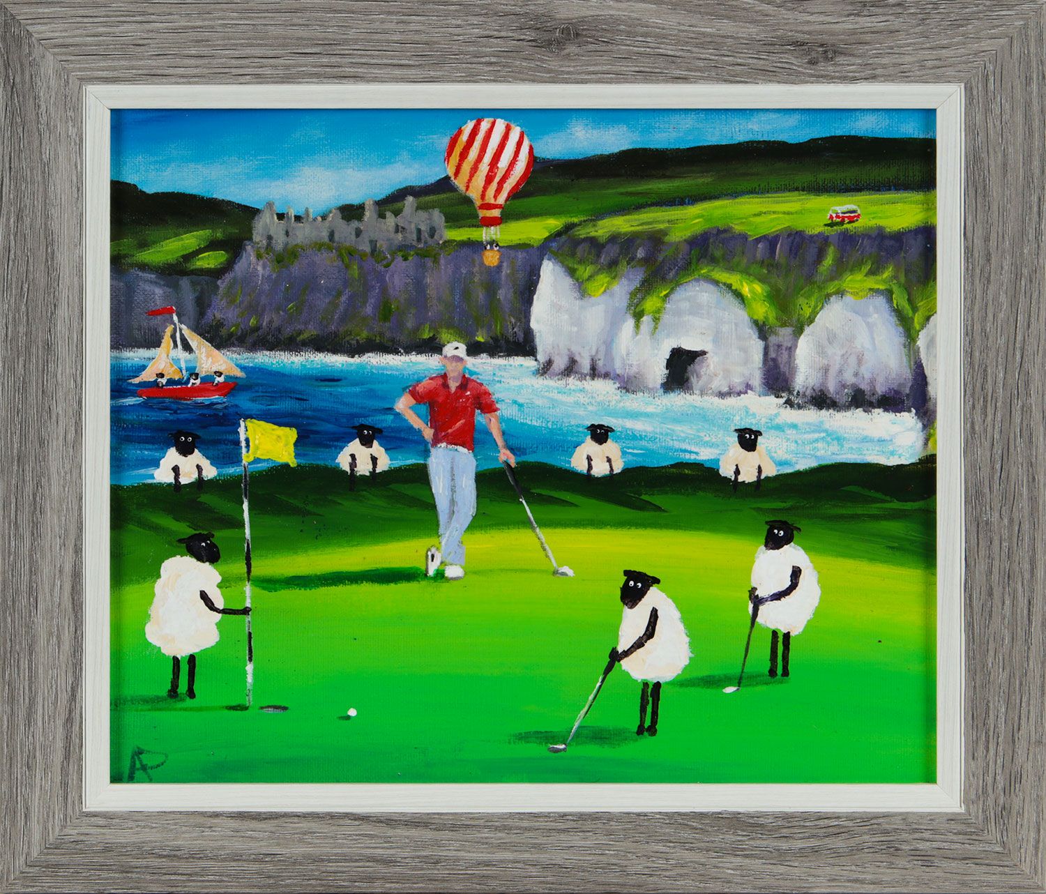 ANDY PATS WANDERING SHEEP SHOWING RORY MC ILROY SOME PUTTING SKILLS by Andy Pat at Ross's Online Art Auctions