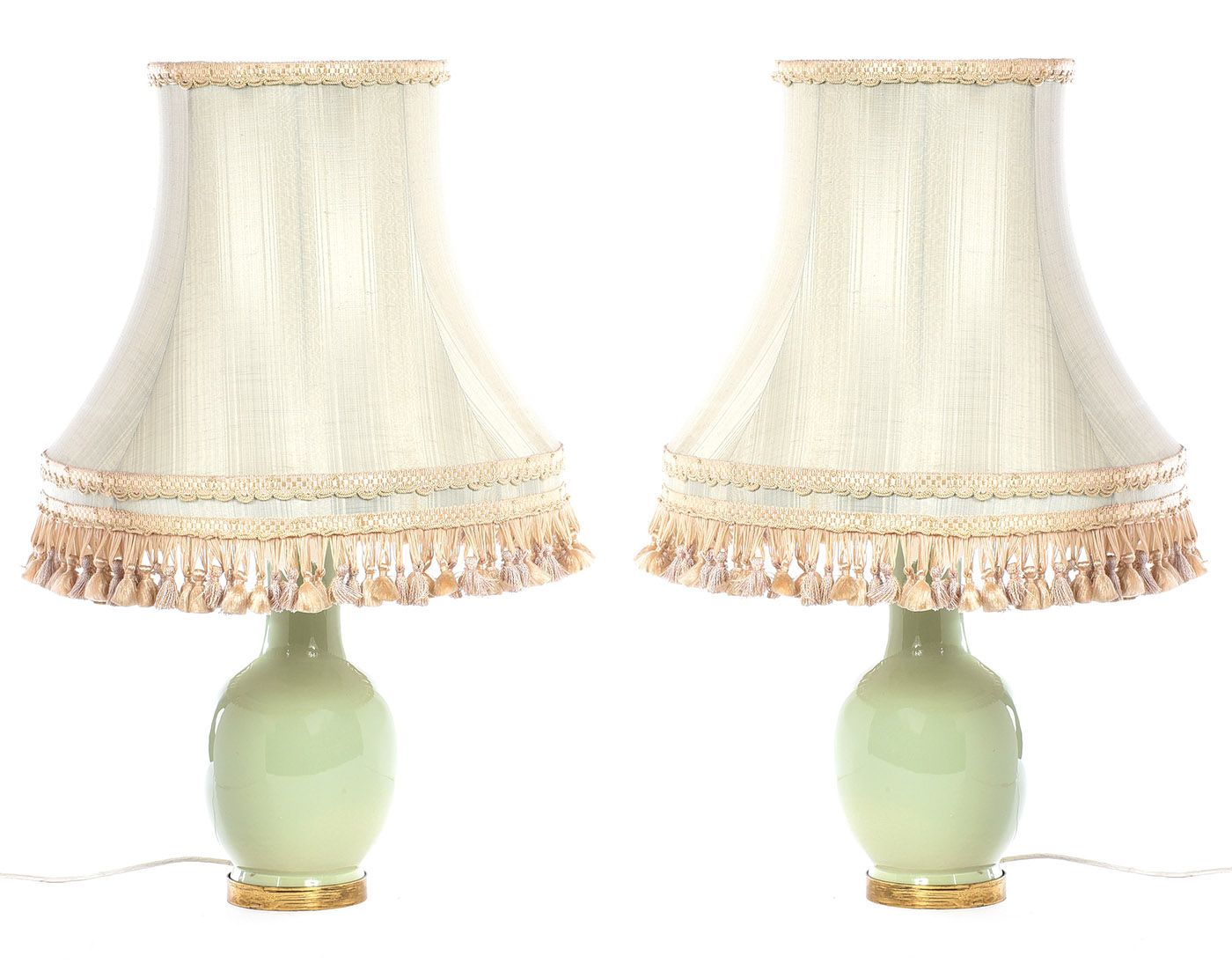 PAIR OF GREEN PORCELAIN TABLE LAMPS & SHADES at Ross's Online Art Auctions