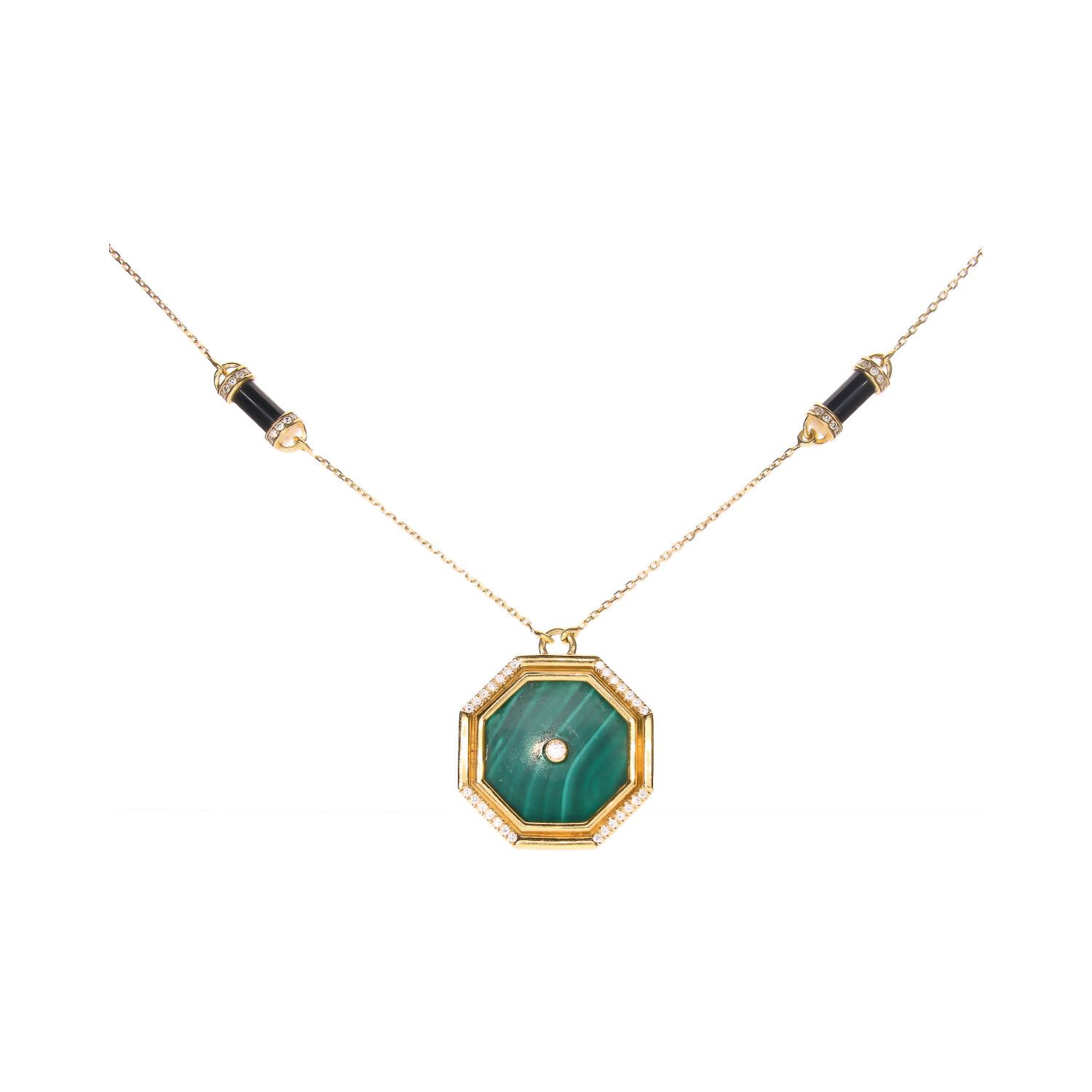 18CT GOLD MALACHITE & DIAMOND NECKLACE at Ross's Online Art Auctions