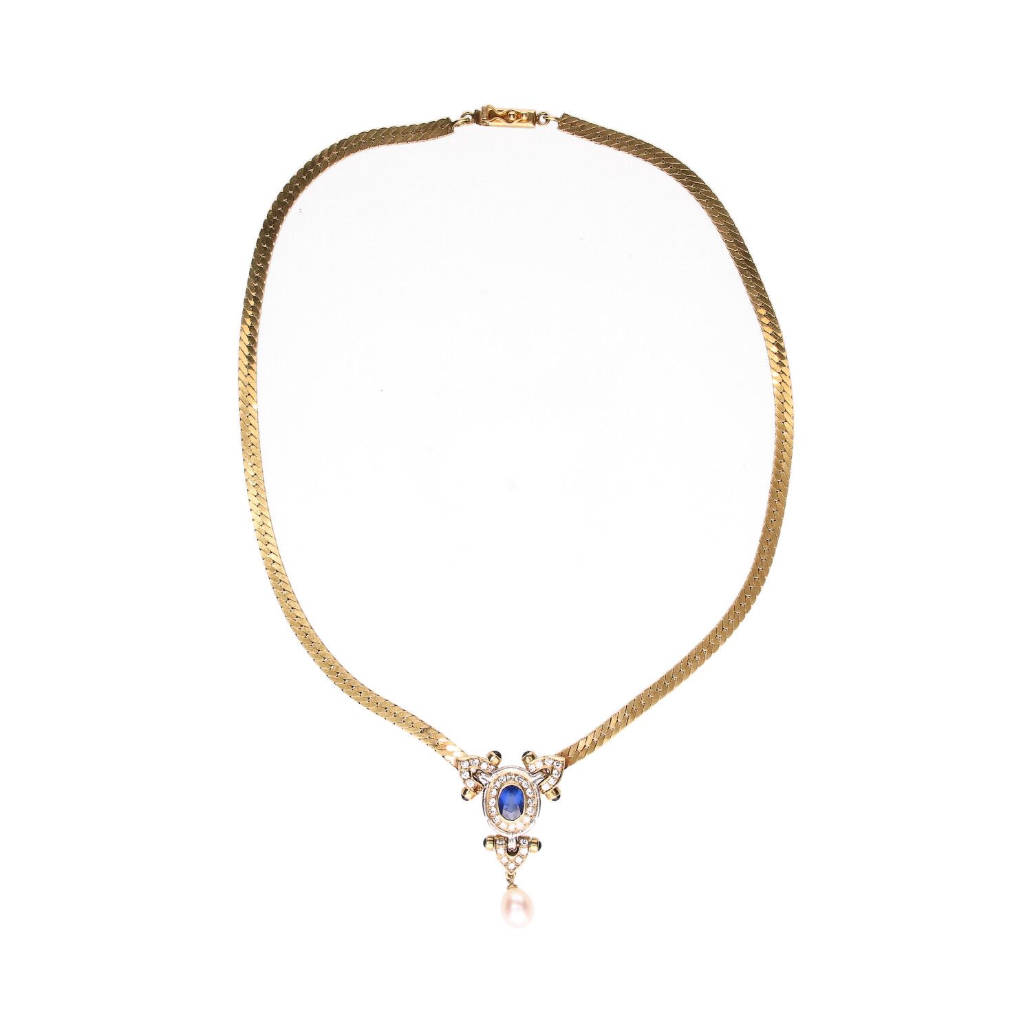 14CT GOLD SAPPHIRE, PEARL & DIAMOND NECKLACE at Ross's Online Art Auctions