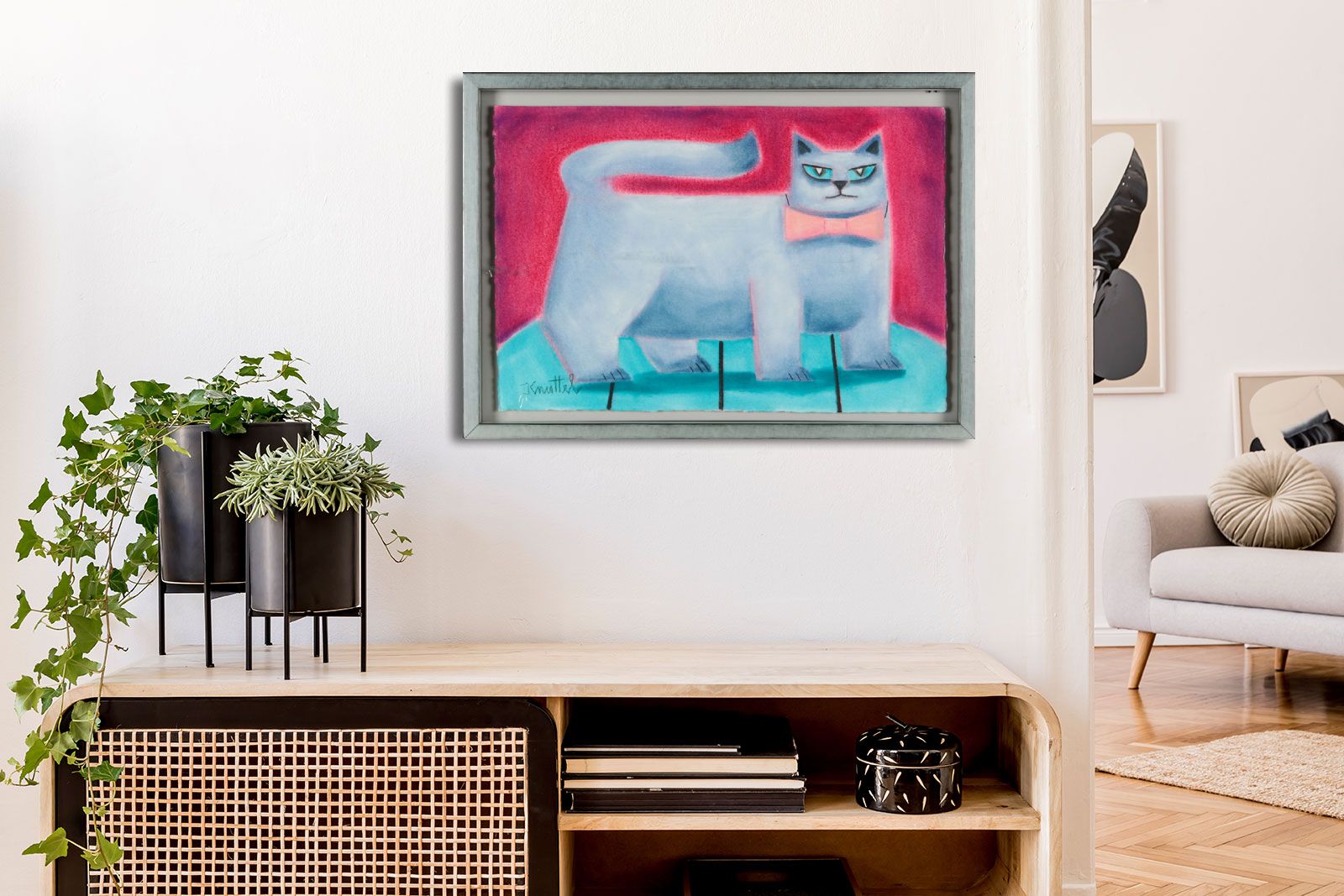 GREY CAT WITH A PINK BOW TIE by Graham Knuttel at Ross's Online Art Auctions