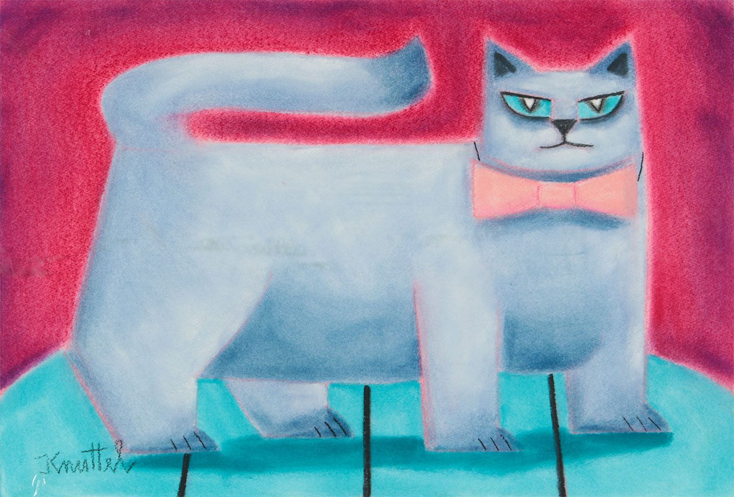 GREY CAT WITH A PINK BOW TIE by Graham Knuttel at Ross's Online Art Auctions