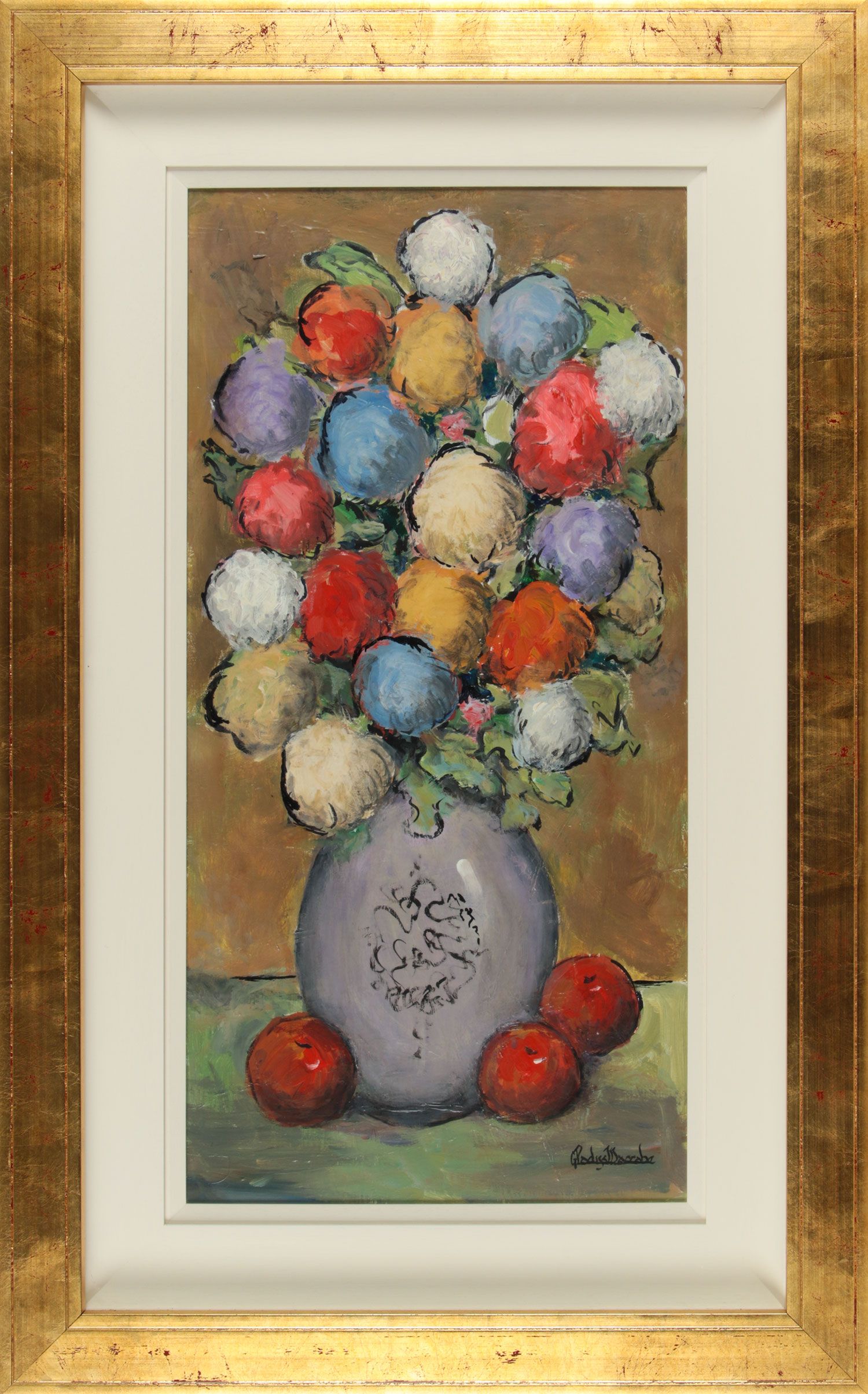 STILL LIFE, MIXED FLOWERS WITH RED APPLES by Gladys Maccabe HRUA at Ross's Online Art Auctions