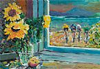 OUR WINDOW VIEW OF SUNFLOWERS AND CYCLISTS AT DOWNINGS by Sean Lorinyenko at Ross's Online Art Auctions