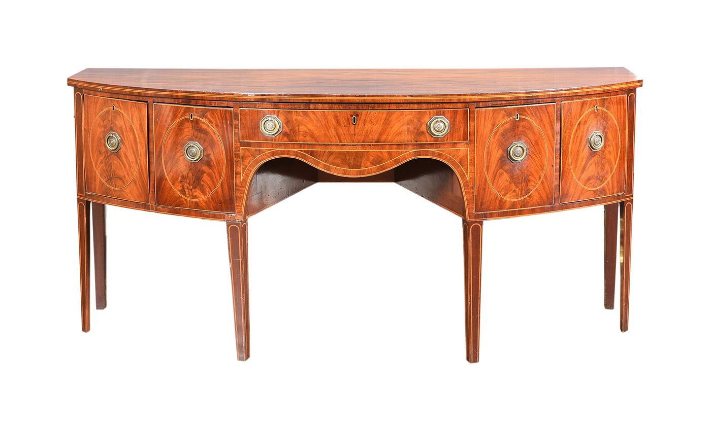 NINETEENTH CENTURY INLAID MAHOGANY BOW FRONT SIDEBOARD at Ross's Online Art Auctions