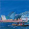 DONEGAL CURRACH MEN EXPLORING SYDNEY HARBOUR IN AUSTRALIA by Sean Lorinyenko at Ross's Online Art Auctions