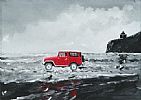 RED JEEP ON DOWNHILL BEACH by Sean Lorinyenko at Ross's Online Art Auctions