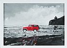 RED JEEP ON DOWNHILL BEACH by Sean Lorinyenko at Ross's Online Art Auctions