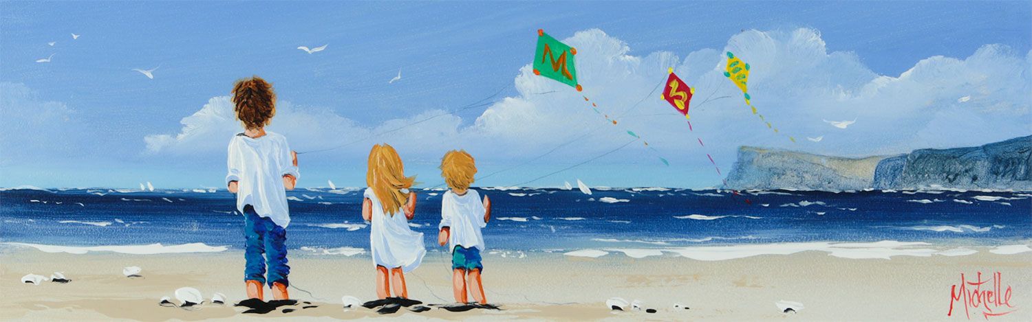 FUN ON THE BEACH NEAR FAIR HEAD by Michelle Carlin at Ross's Online Art Auctions